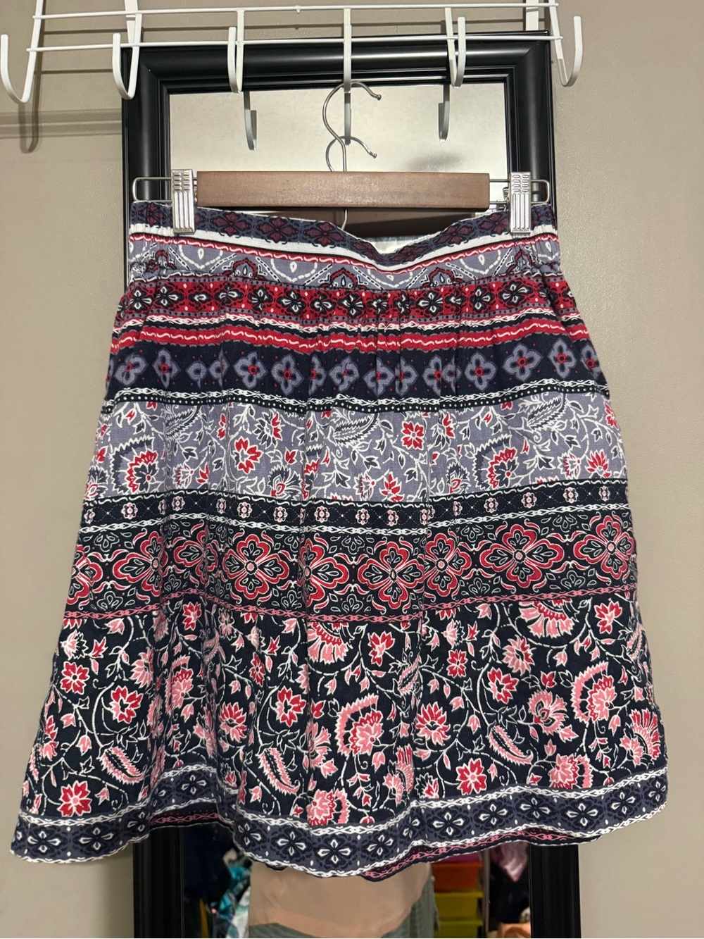 LOFT Navy and Red Patterned Skater Skirt